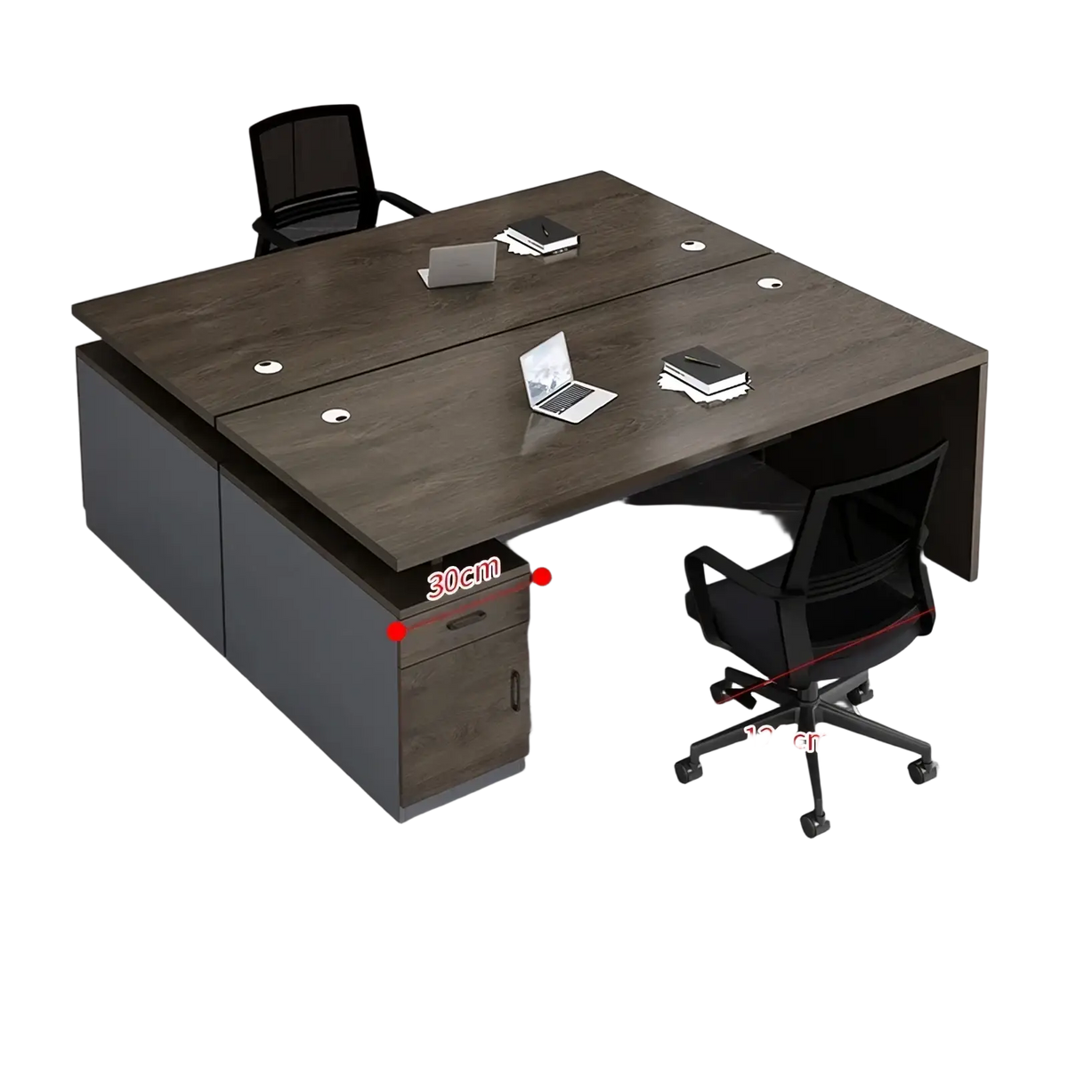 Modern wooden office desk with dark wood-grain top gray sides and integrated storage drawers for two-person use