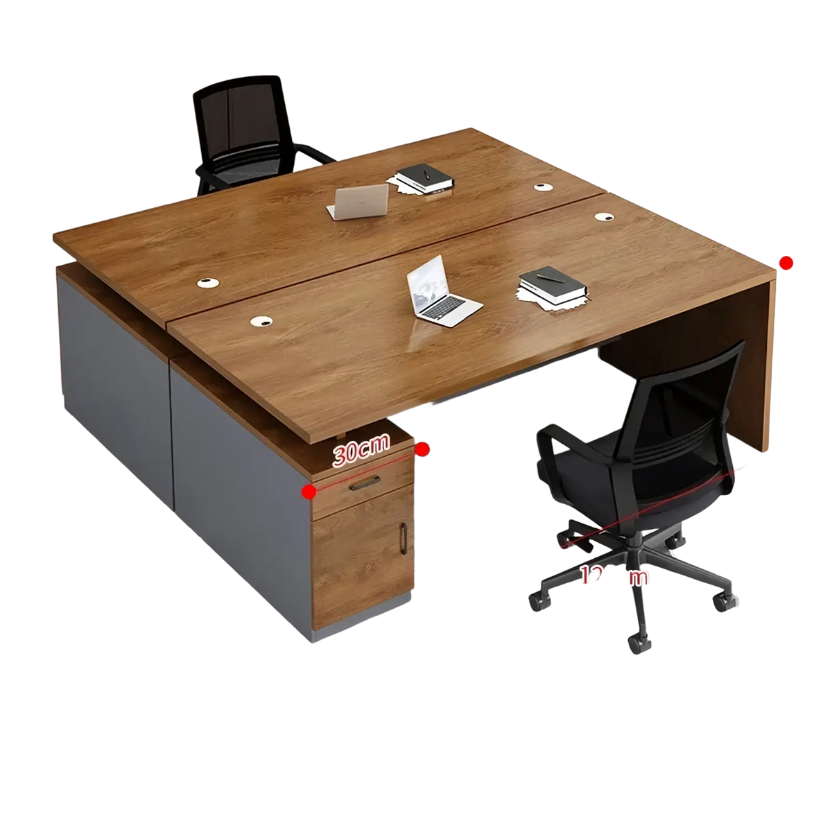 Modern wooden office desk with storage drawers featuring a wood-grain top and gray sides for two-person use