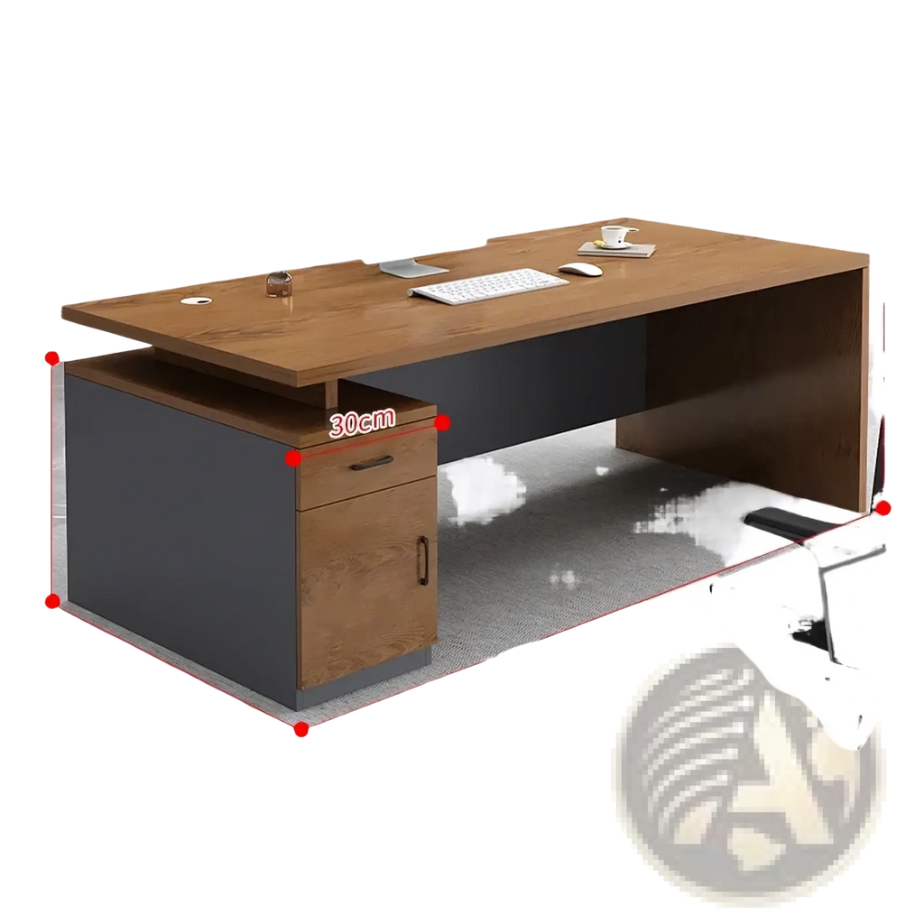 Modern wooden office desk with wood-grain top dark gray base and two storage drawers on the left side