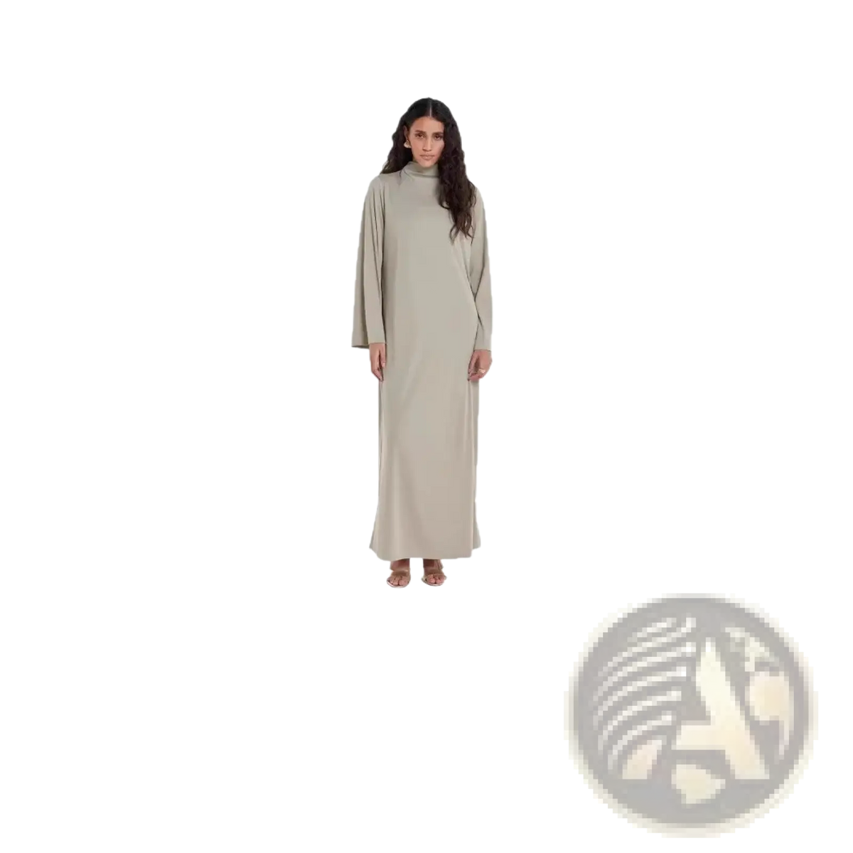 Beige modest abaya long sleeve prayer dress with high neckline and wide sleeves flowing elegantly