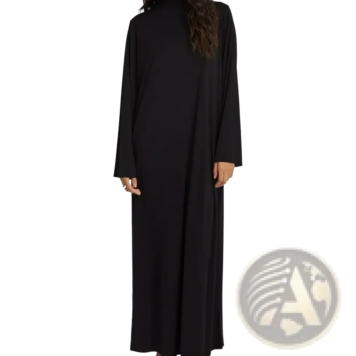 Modest abaya long sleeve prayer dress in black with high neckline and flowing floor-length fabric