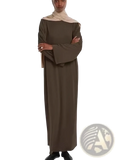 A woman wears a long olive green modest abaya with flared sleeves and a beige hijab suitable for prayer