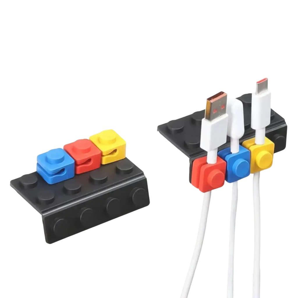 Modular brick cable organizer 2 sets black block-style holder with colorful red blue yellow clips for white usb cables