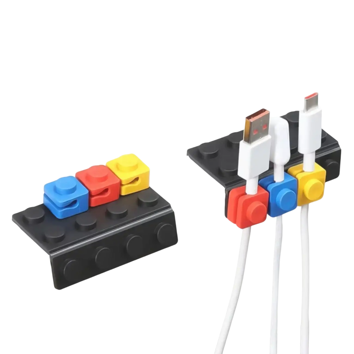 Modular brick cable organizer 2 sets black block-style holder with colorful red blue yellow clips for white usb cables