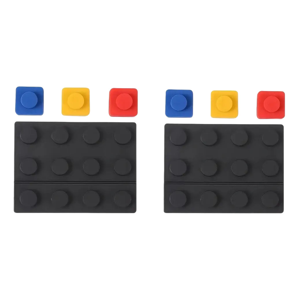 Modular brick cable organizer 2 sets featuring black silicone lego brick-shaped adhesive pads with blue yellow and red tops