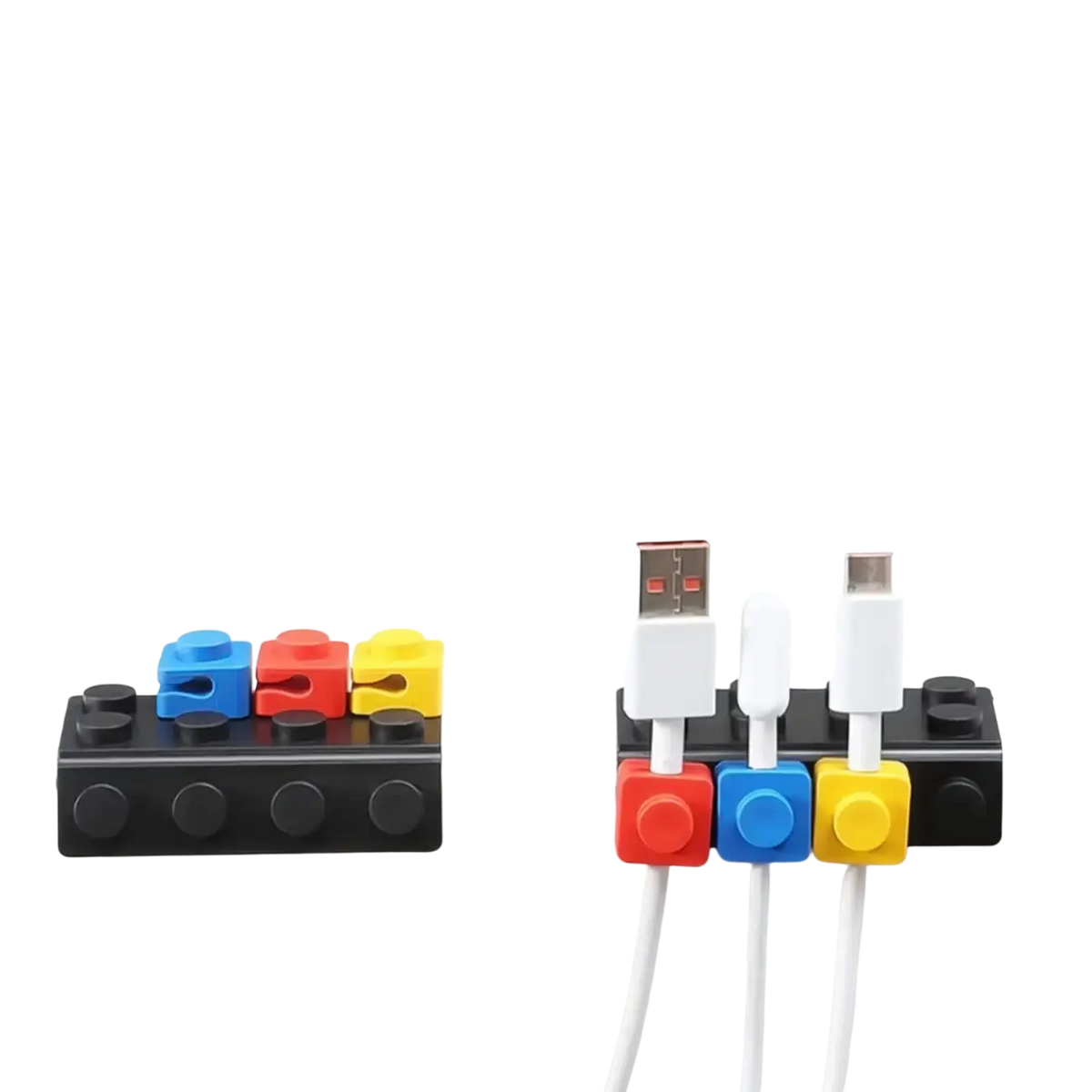 Modular brick cable organizer 2 sets featuring colorful plastic lego brick clips in red blue and yellow for wire management