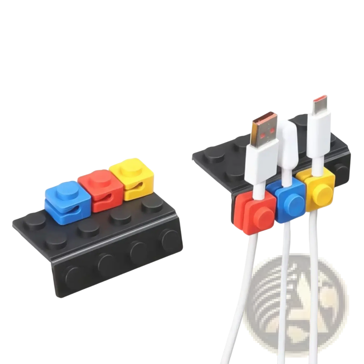 Modular brick cable organizer 2 sets black block-style holder with colorful red blue yellow clips for white usb cables