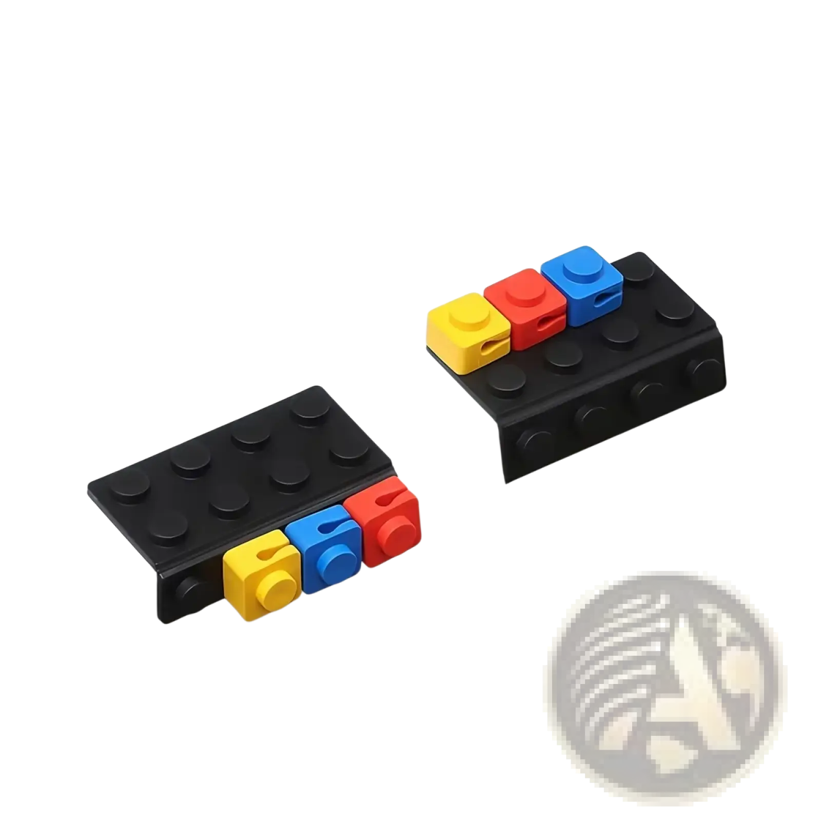 Black plastic lego-style table edge clips with yellow red and blue interlocking brick attachments modular brick cable organizer