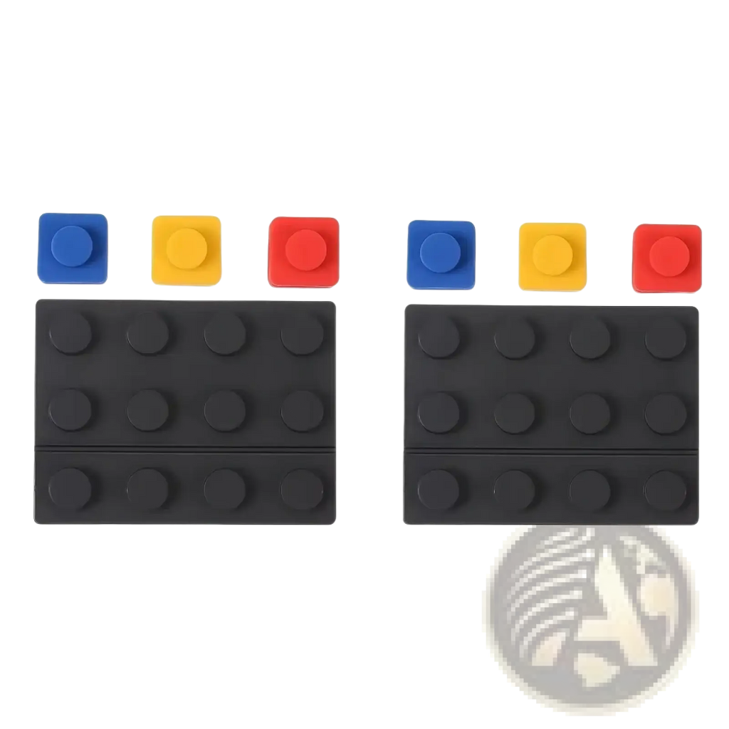 Modular brick cable organizer 2 sets featuring black silicone lego brick-shaped adhesive pads with blue yellow and red tops