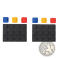 Modular brick cable organizer 2 sets featuring black silicone lego brick-shaped adhesive pads with blue yellow and red tops