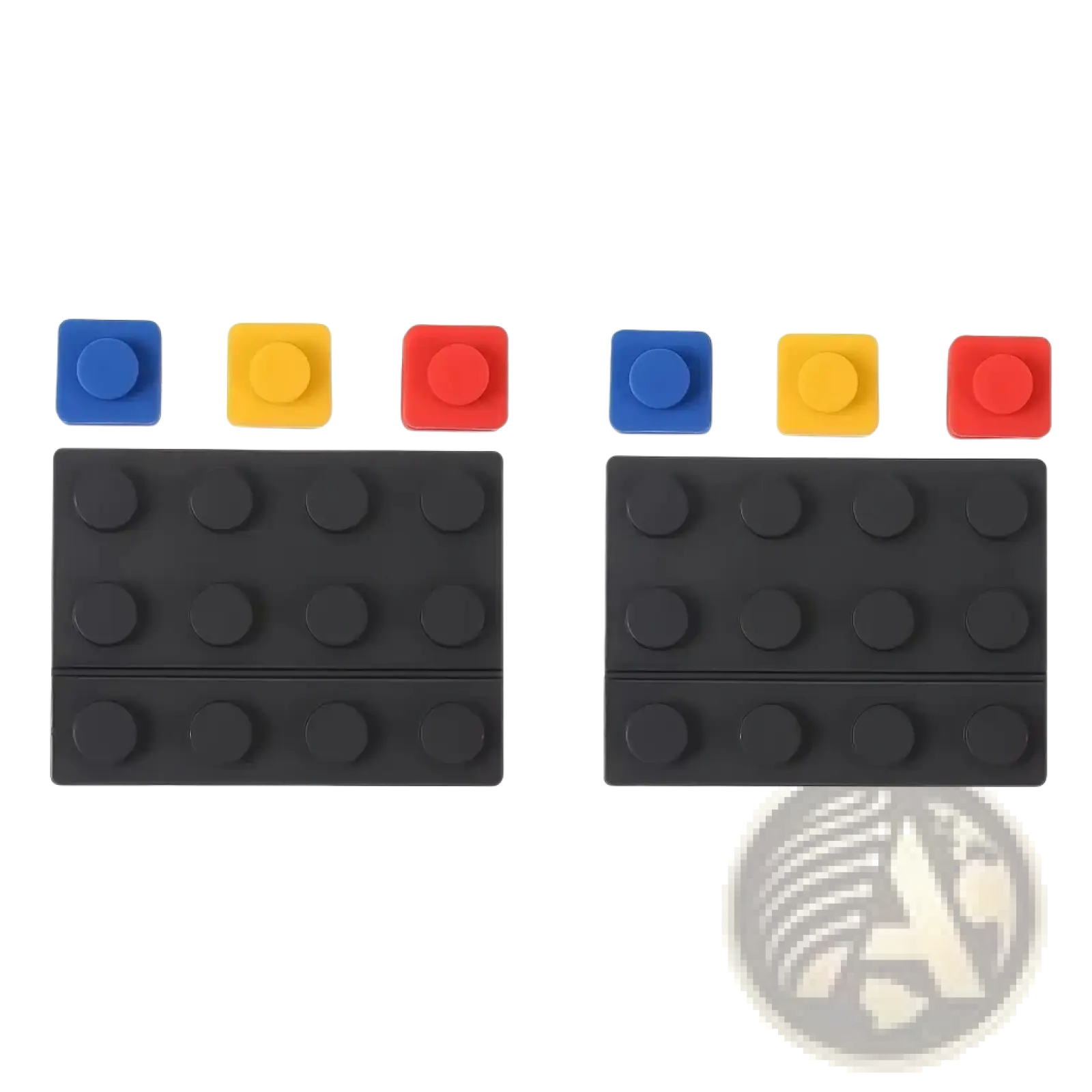 Modular brick cable organizer 2 sets featuring black silicone lego brick-shaped adhesive pads with blue yellow and red tops