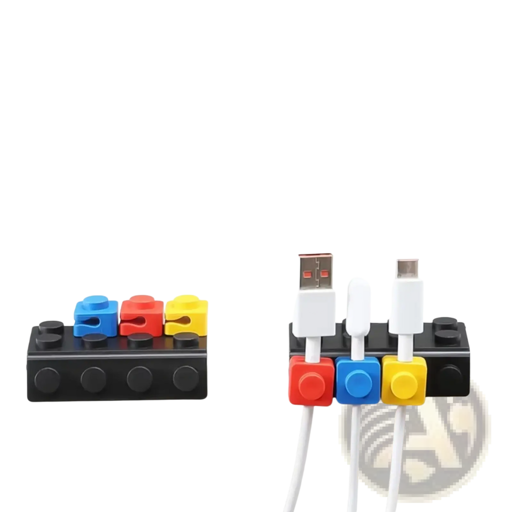 Modular brick cable organizer 2 sets featuring colorful plastic lego brick clips in red blue and yellow for wire management