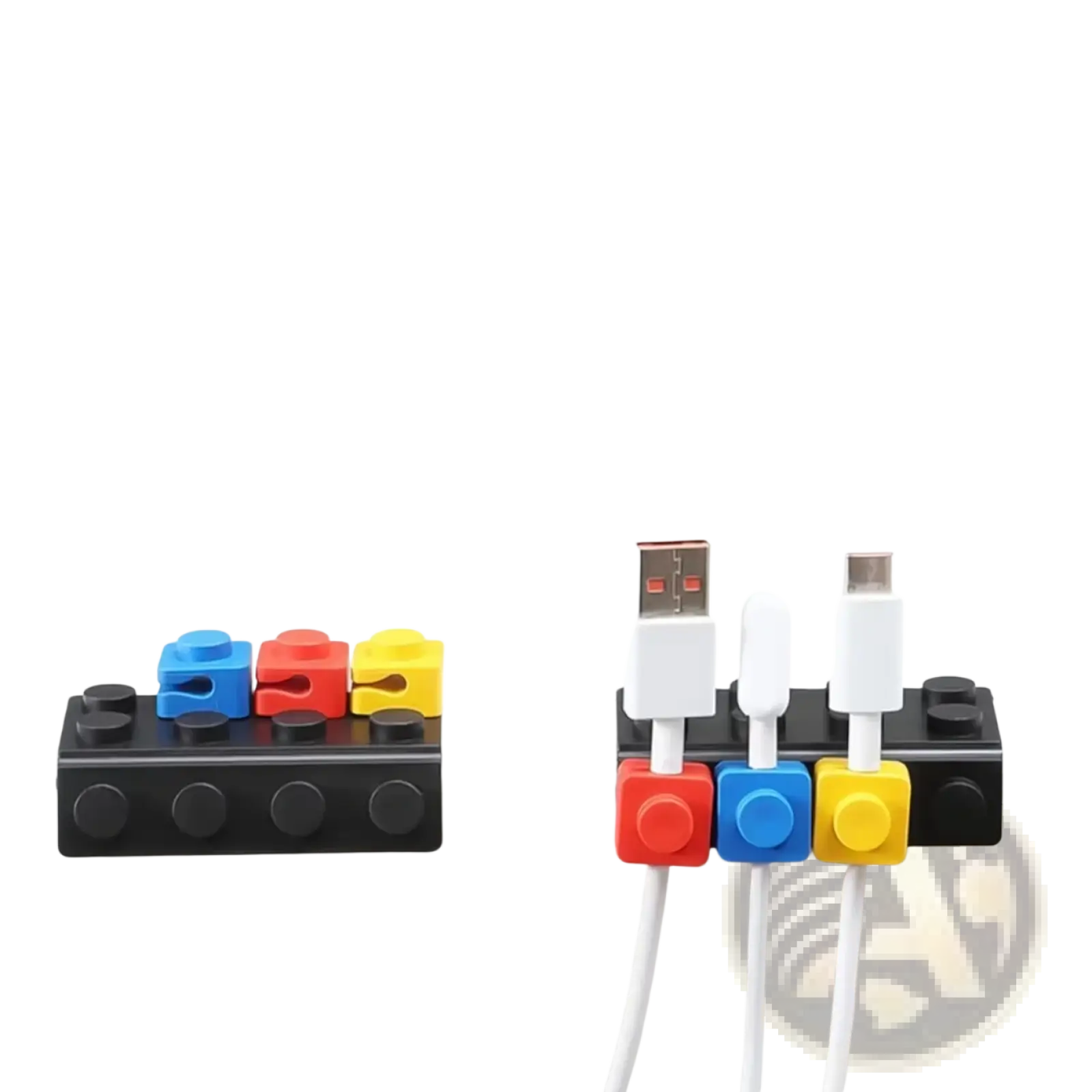 Modular brick cable organizer 2 sets featuring colorful plastic lego brick clips in red blue and yellow for wire management