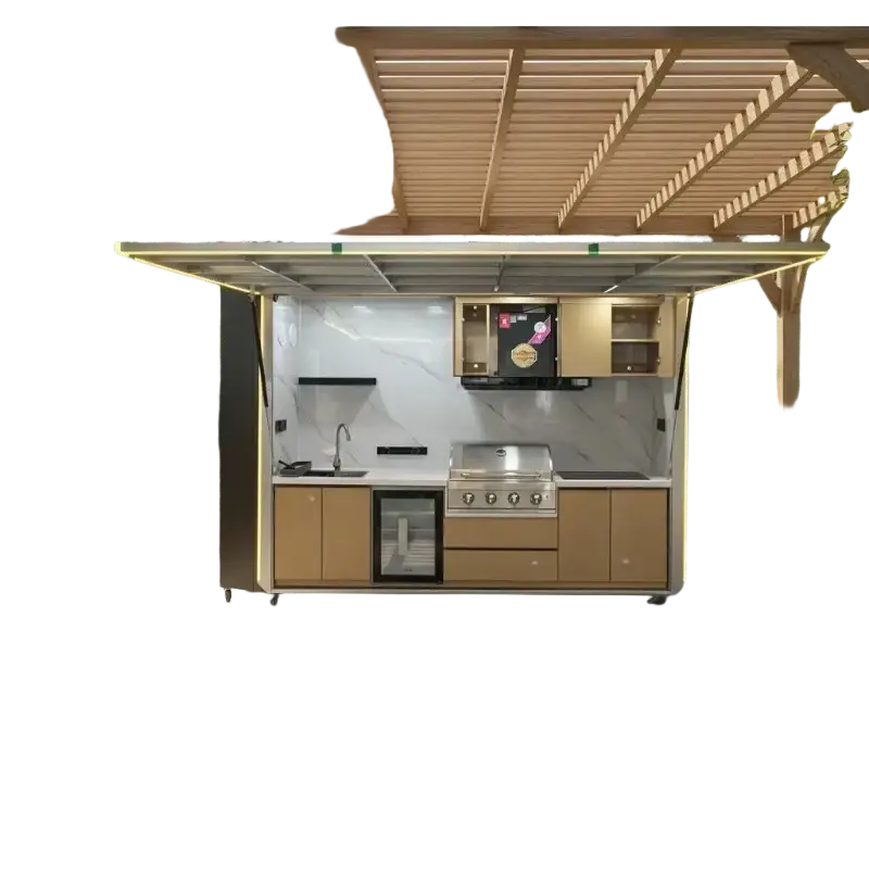 Modern modular kitchen outdoor cabinet set with beige cabinetry, stainless steel appliances, and white marble countertops