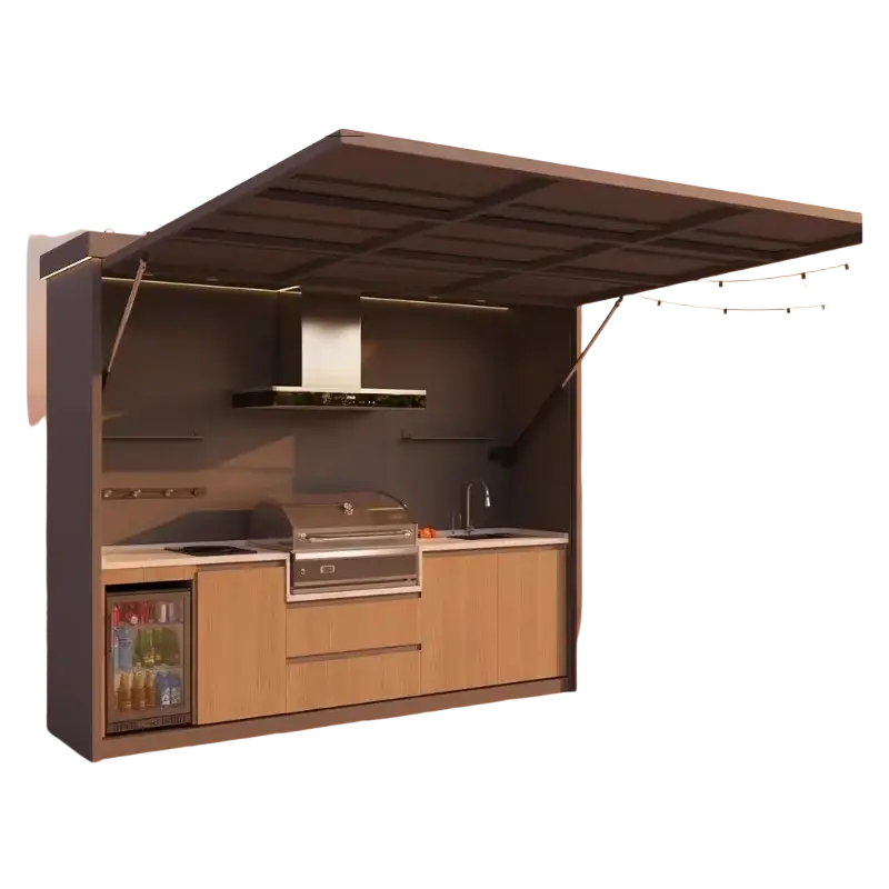 Modern outdoor kitchen featuring stainless steel grill and wooden outdoor cabinet in modular kitchen design