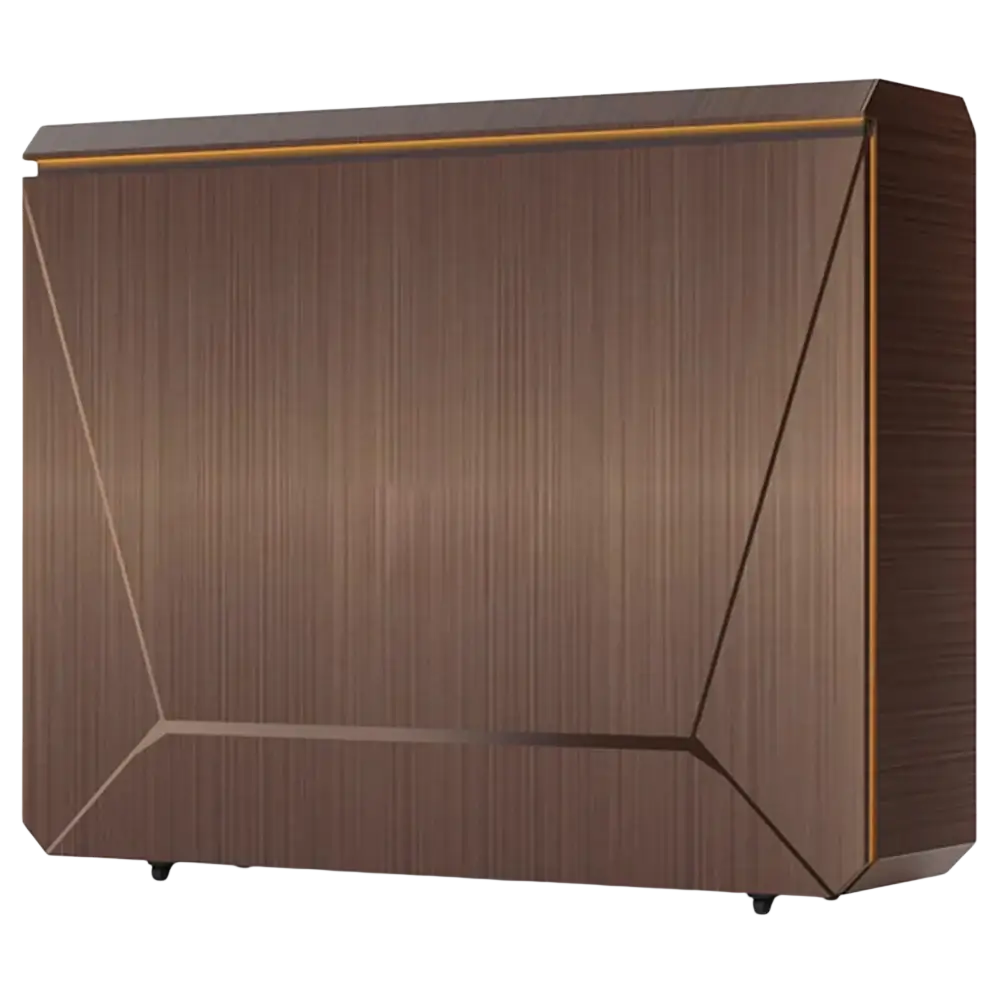 Modern brown wood-grain outdoor cabinet with geometric gold trim for modular kitchen enhancing customer service