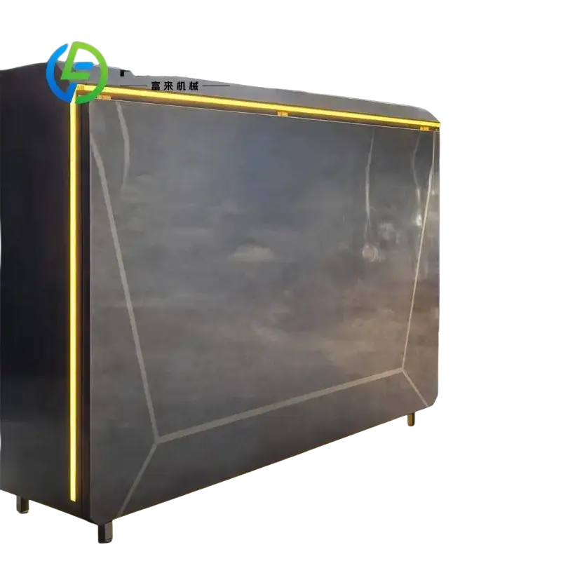 Modern gray marble countertop outdoor cabinet with sleek geometric design and yellow led illumination for modular kitchen
