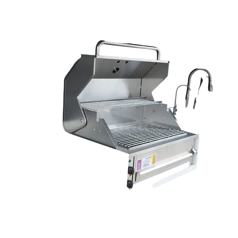 Stainless steel built-in gas grill with sleek modern design and integrated handle for modular kitchen outdoor cabinet