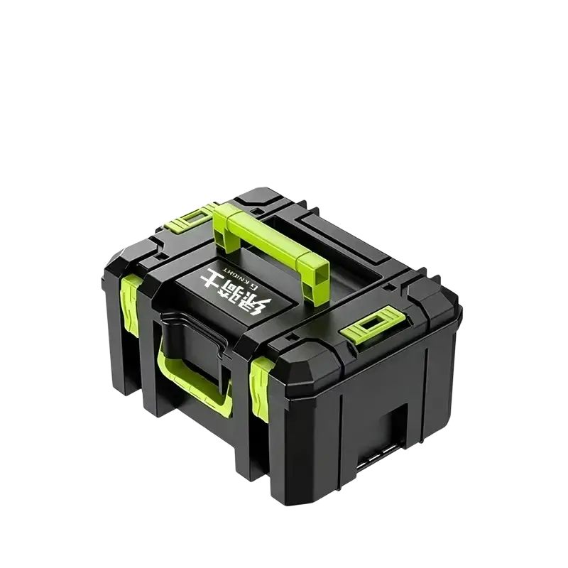 Modular stackable tool storage box in black and lime green with reinforced plastic construction for durability