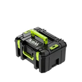 Modular stackable tool storage box in black and lime green with reinforced plastic construction for durability