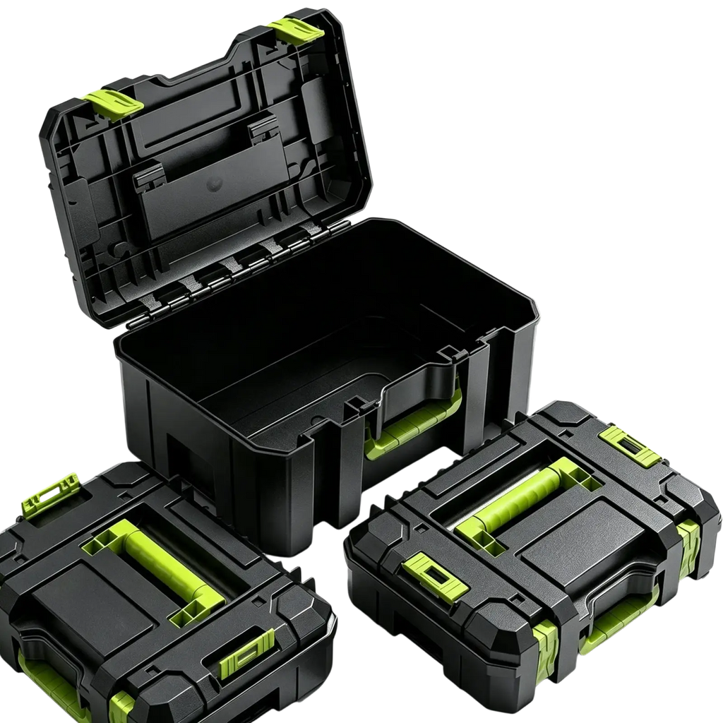 Modular stackable tool storage box in black and lime green plastic with reinforced corners and integrated handles