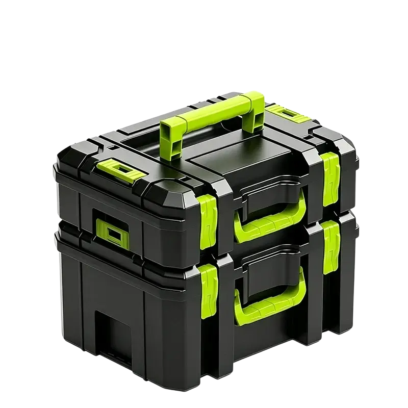 Modular stackable tool storage box in black and lime green plastic featuring an interlocking design for organization