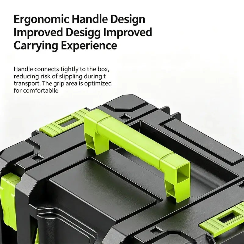 Black and lime green plastic modular stackable tool storage box with ergonomic handle design for easy carrying