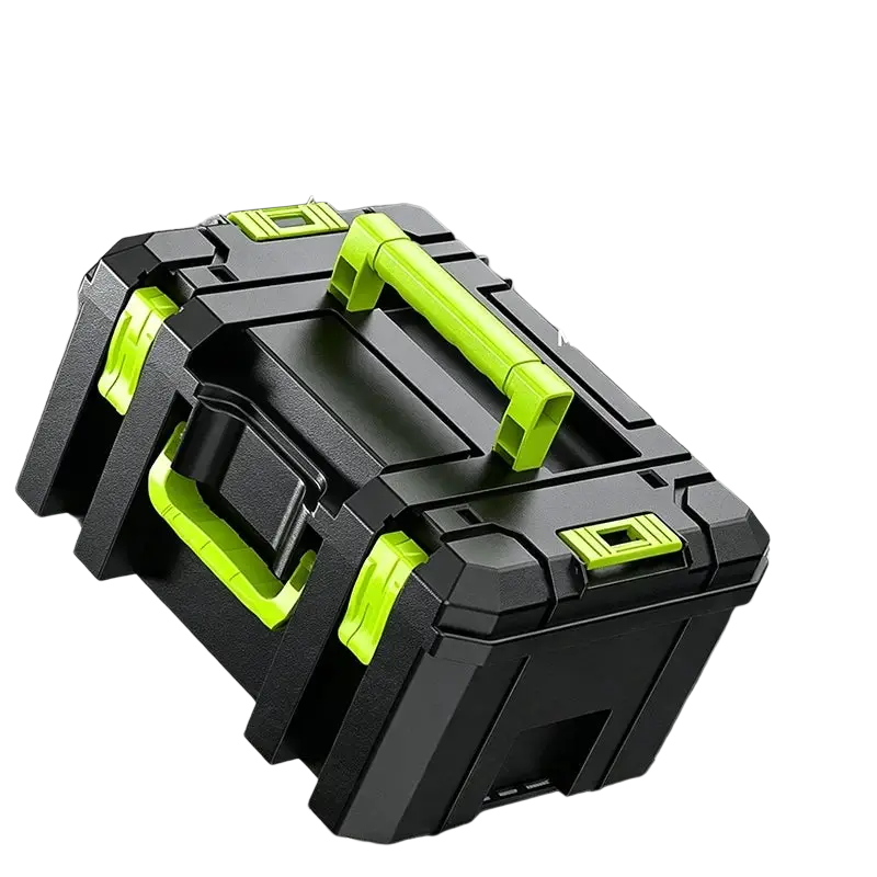 Modular stackable tool storage box in black and neon green with high-rebound pp and impact-resistant rugged construction