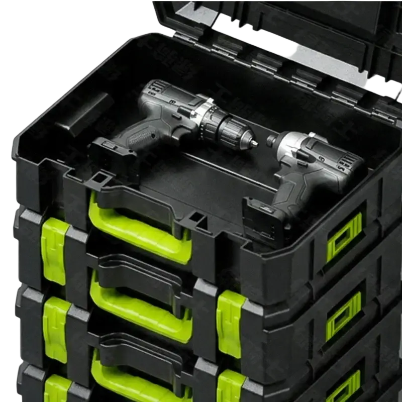 Modular stackable tool storage box in black and neon green with integrated handles for organized workshop use