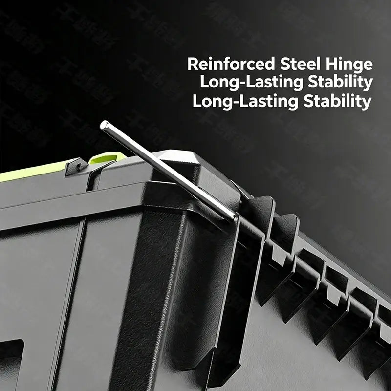 Modular stackable tool storage box black green with black plastic body and reinforced steel hinge with lime green accents