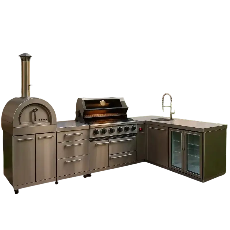 Modular stainless steel outdoor kitchen gas grill set with built-in pizza oven ideal for decorate root and hidden width 750px