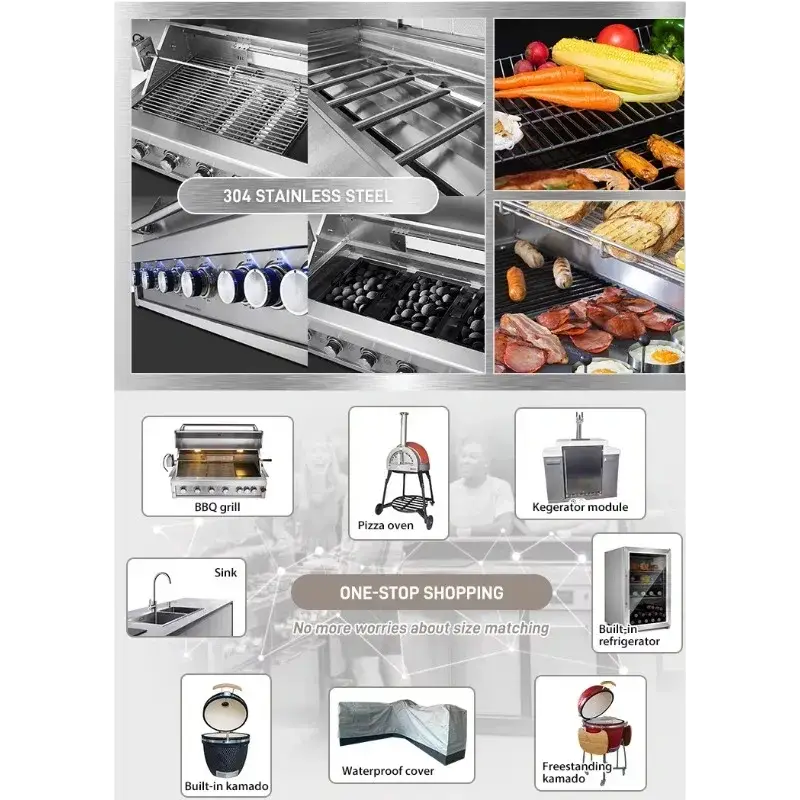 Modular stainless steel outdoor kitchen gas grill set with stainless steel 304 multiple burners and grilling surface