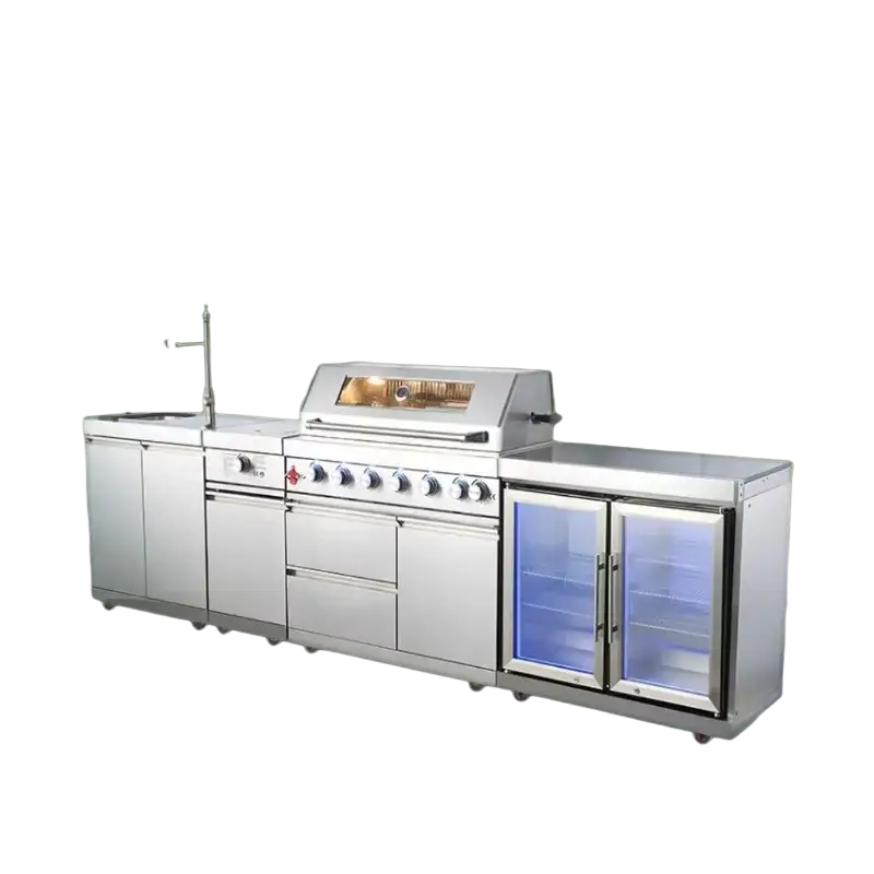 Modular stainless steel outdoor kitchen gas grill set with built-in grill sink and refrigerated storage units hidden width 750px