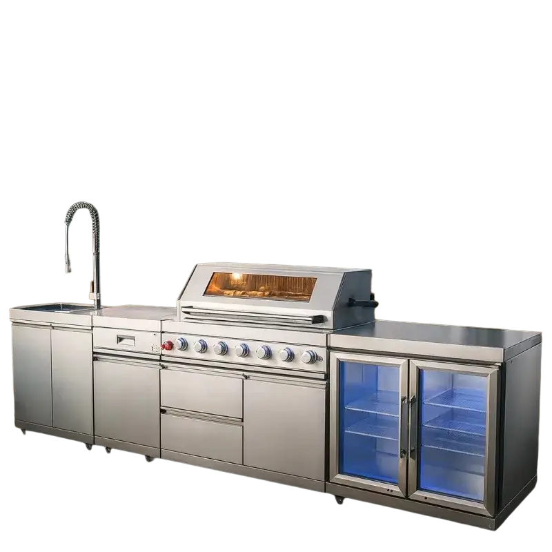 Modular stainless steel outdoor kitchen gas grill set with built-in grill sink and refrigerated storage units for decorate root hidden width 750px