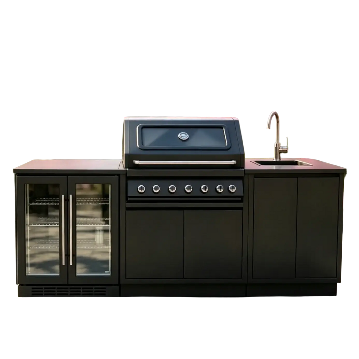 Modular stainless steel outdoor kitchen with black grill glass-door refrigeration units and stainless steel sink on the side