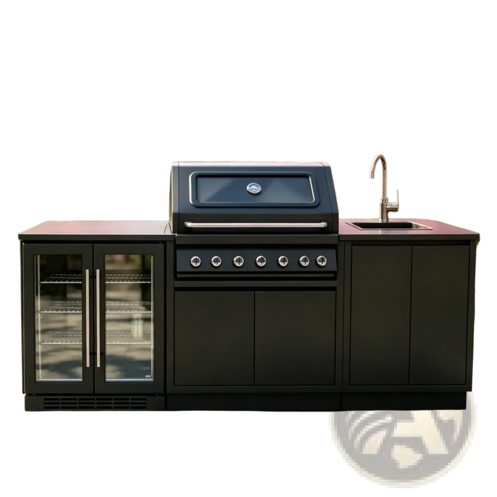 Modular stainless steel outdoor kitchen with black grill glass-door refrigeration units and stainless steel sink on the side