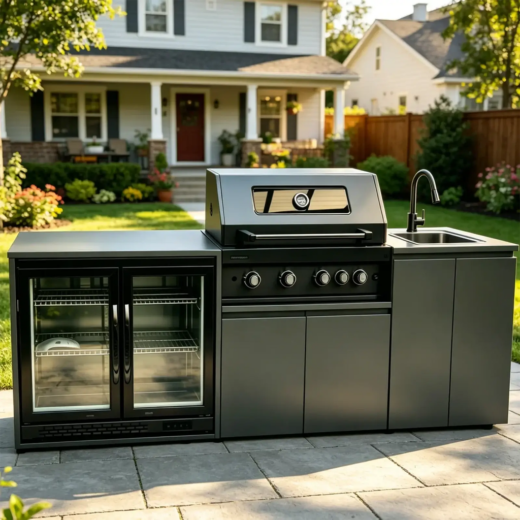 Modern matte black modular stainless steel outdoor kitchen with built-in gas grill sink and integrated fridge with glass doors