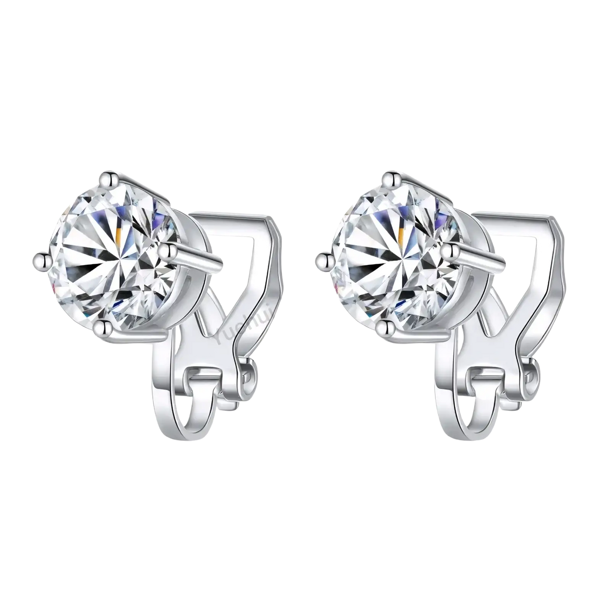 Moissanite clip on earrings in 925 sterling silver with round clear cubic zirconia stones in a modern design