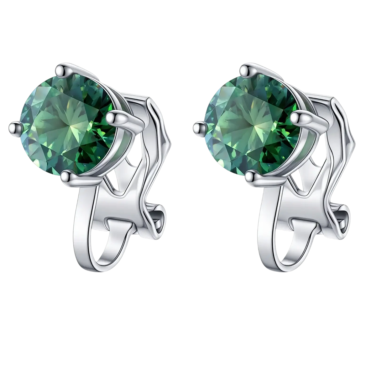 Elegant green moissanite clip on earrings set in sleek 925 sterling silver metal for comfortable wear