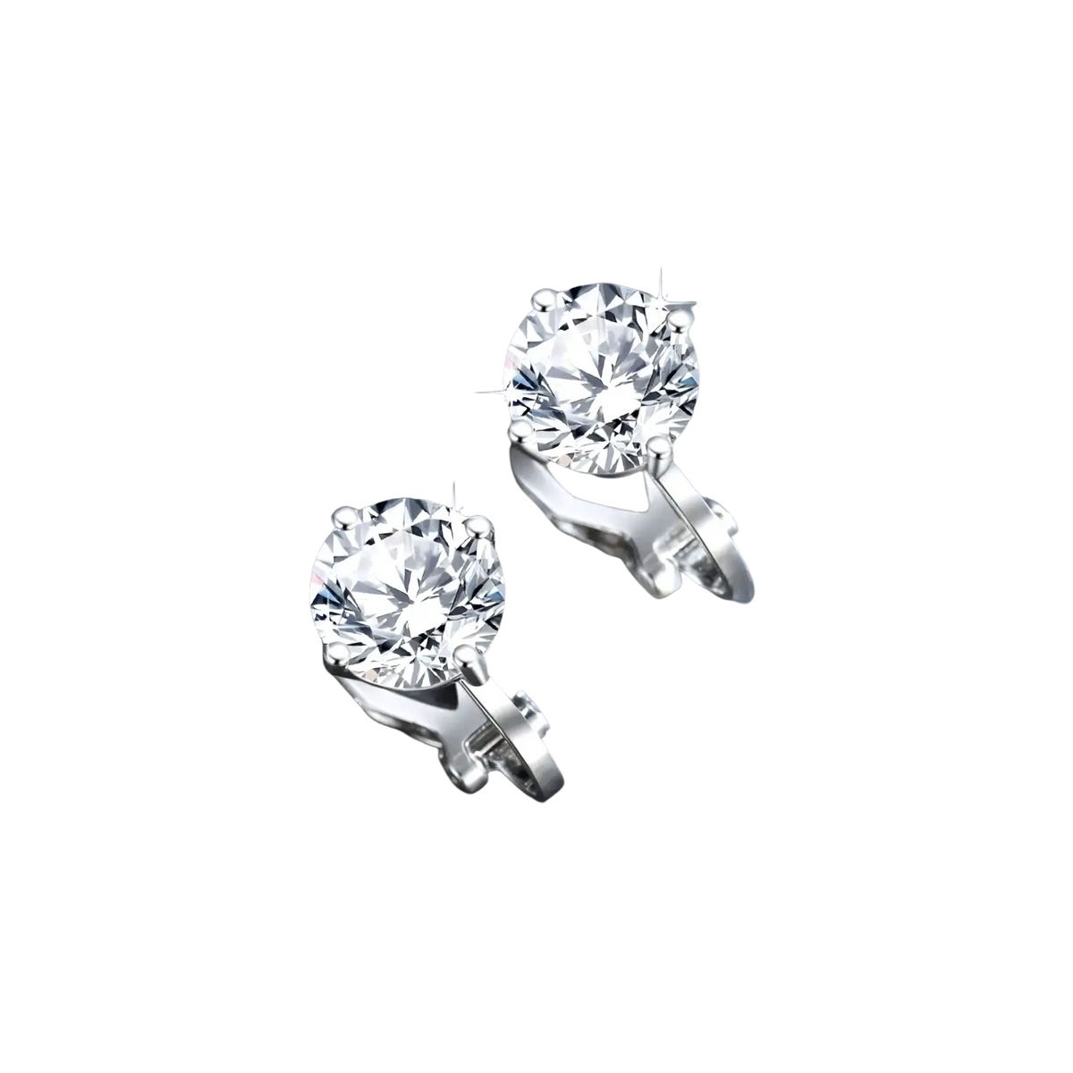 A pair of elegant silver 925 sterling moissanite clip on earrings with round clear gemstones held by four prongs