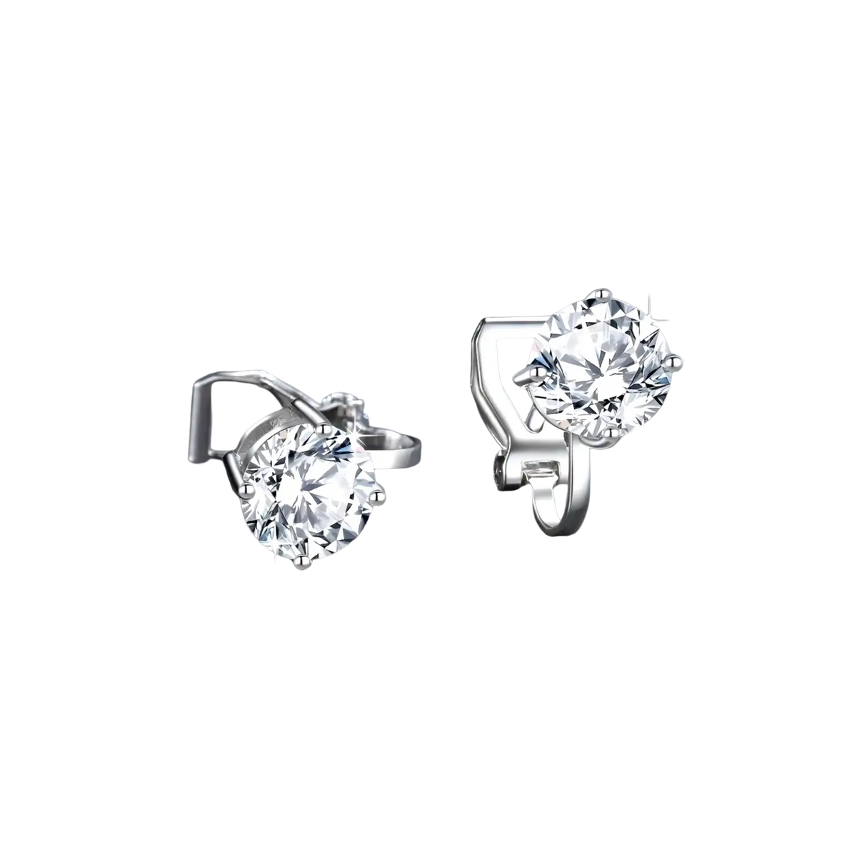 A pair of elegant silver moissanite clip on earrings with round clear gemstones in 925 sterling silver prong setting