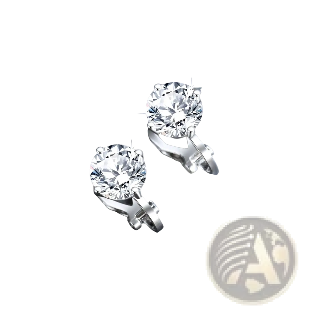 A pair of elegant silver 925 sterling moissanite clip on earrings with round clear gemstones held by four prongs