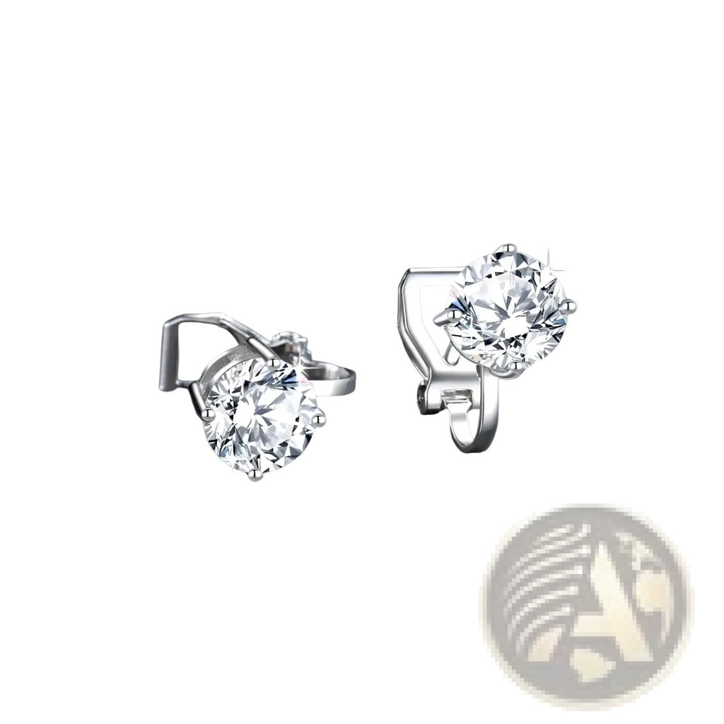 A pair of elegant silver moissanite clip on earrings with round clear gemstones in 925 sterling silver prong setting