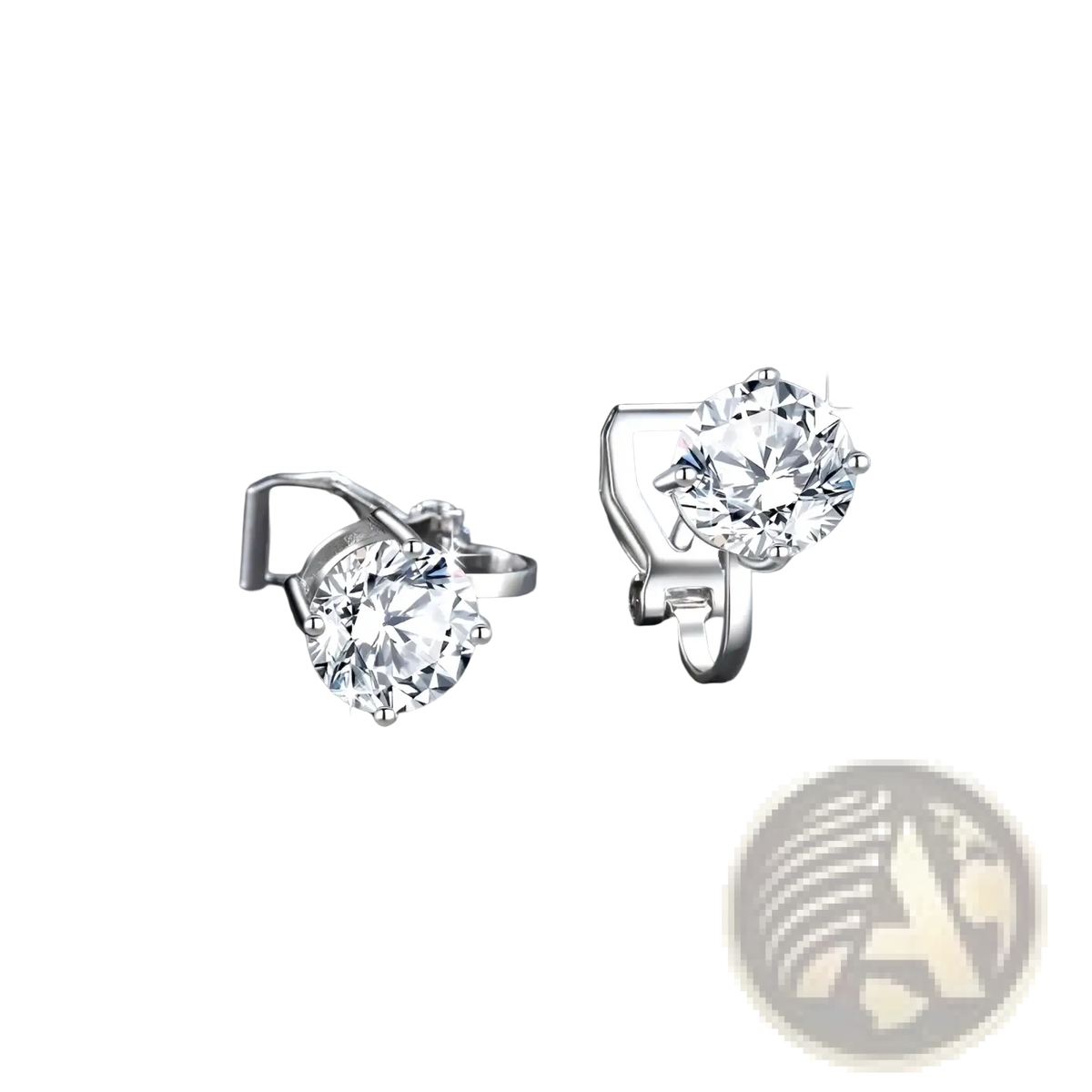 A pair of elegant silver moissanite clip on earrings with round clear gemstones in 925 sterling silver prong setting