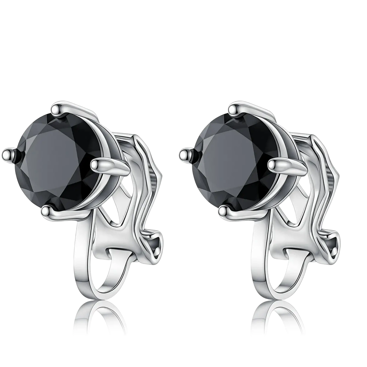 Moissanite clip on earrings 925 sterling silver with round black gemstones in a sleek modern silver stud design