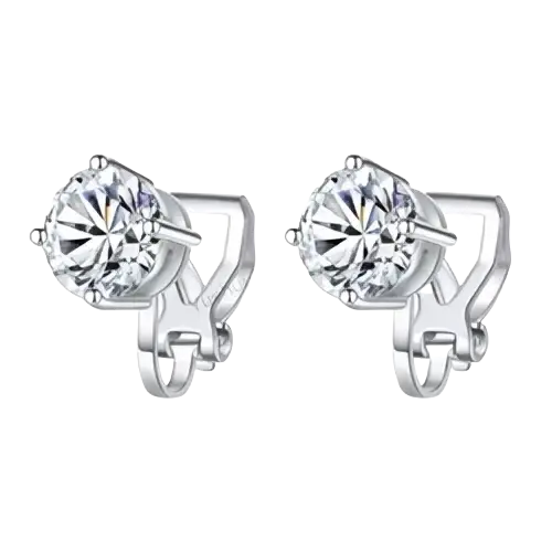 Silver stud moissanite clip on earrings with a faceted clear crystal in 925 sterling silver minimalist frame