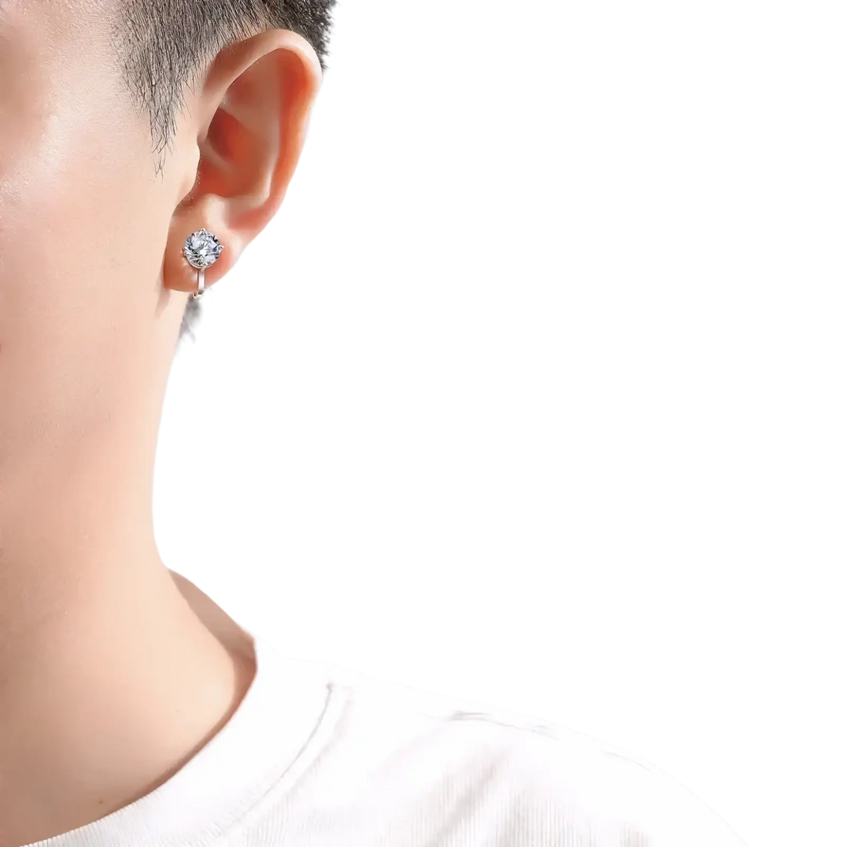 Silver stud moissanite clip on earring with clear faceted gemstone set in 925 sterling silver sleek metal frame