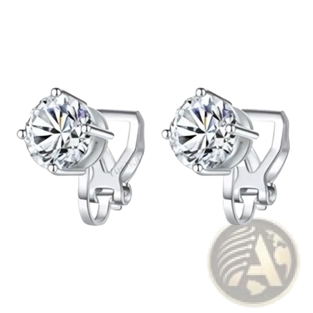 Silver stud moissanite clip on earrings with a faceted clear crystal in 925 sterling silver minimalist frame
