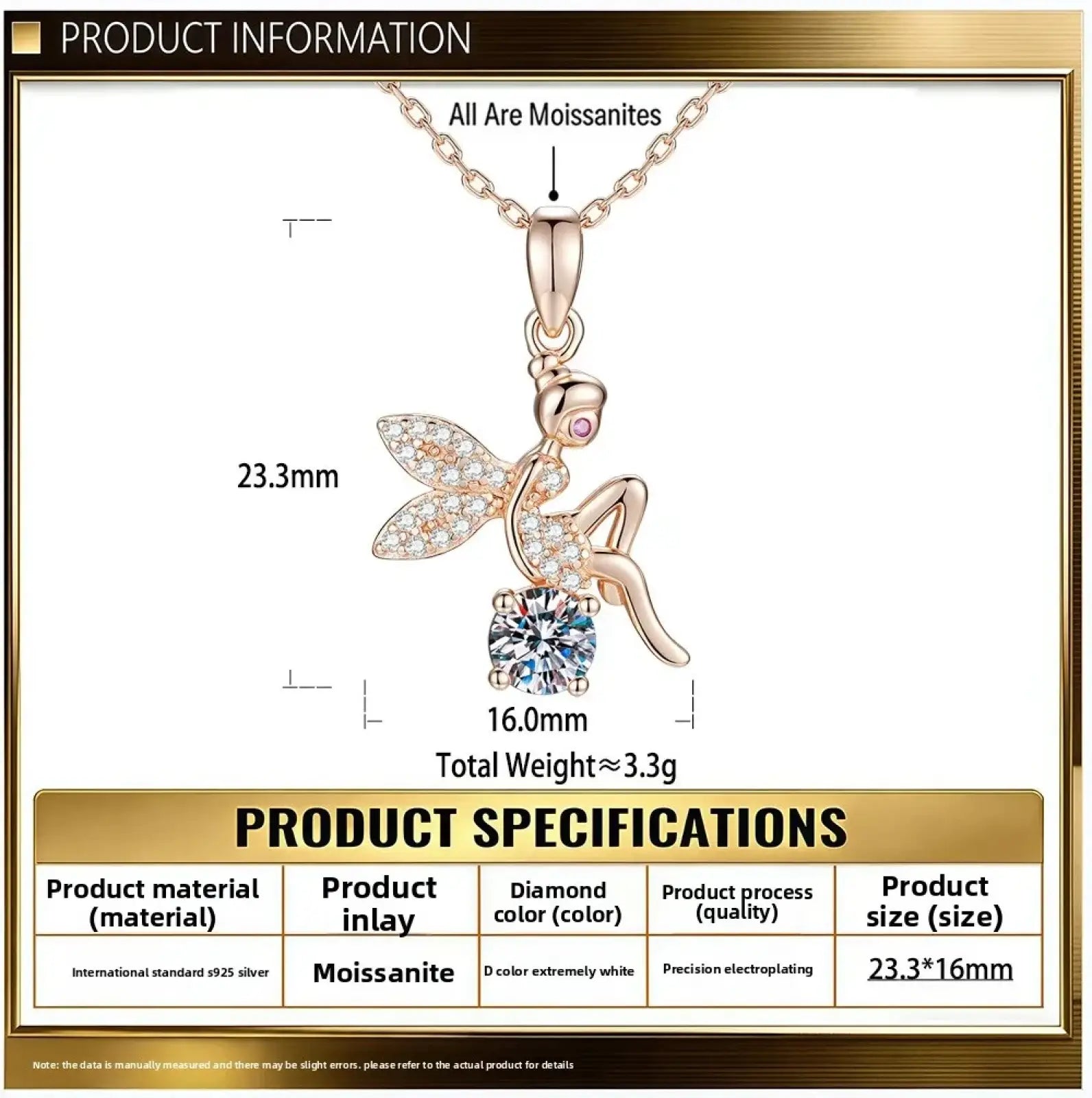A delicate rose gold moissanite elf pendant necklace with central blue gemstone and precision electroplating