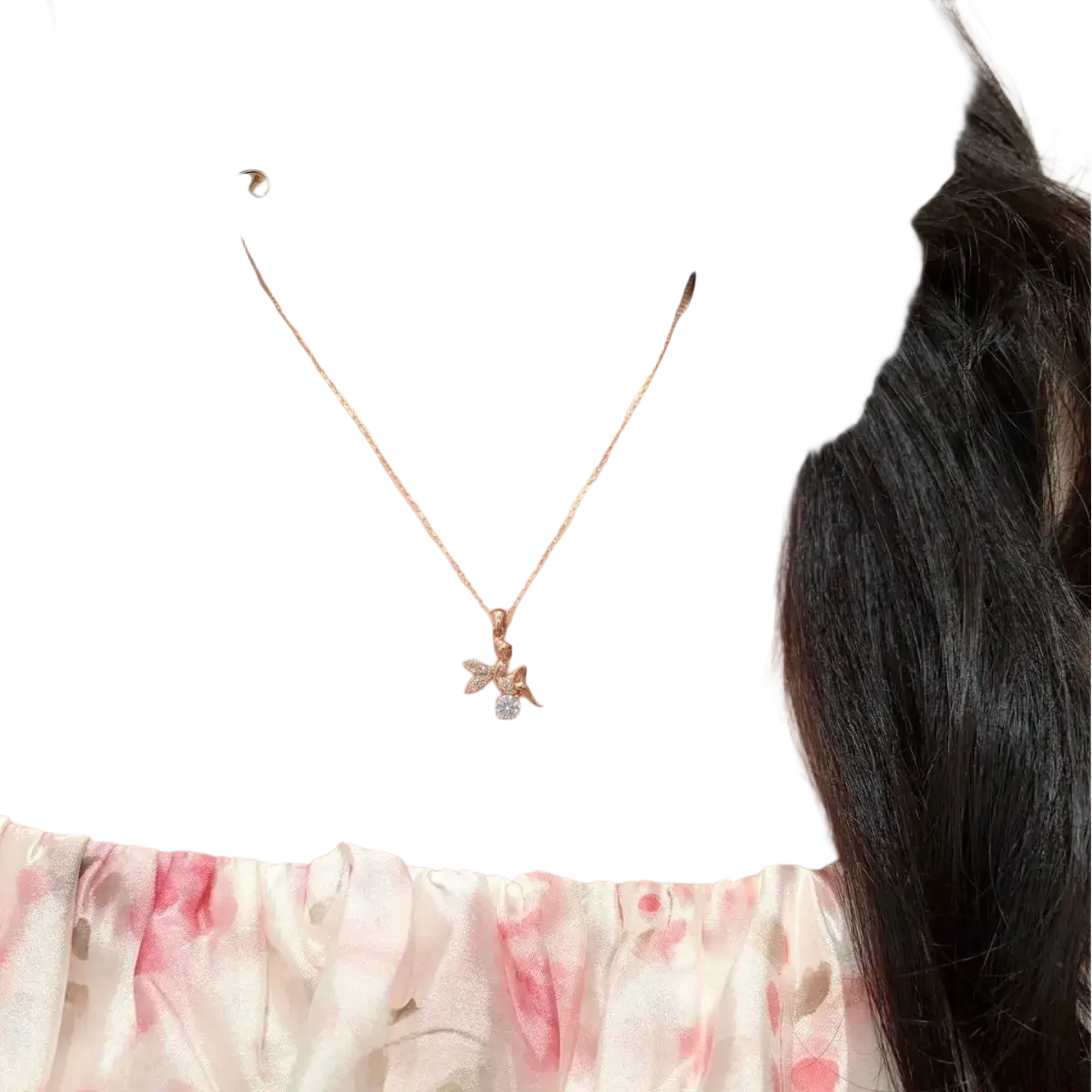 A delicate silver rose gold Moissanite elf necklace featuring a small bee pendant adorned with clear crystals
